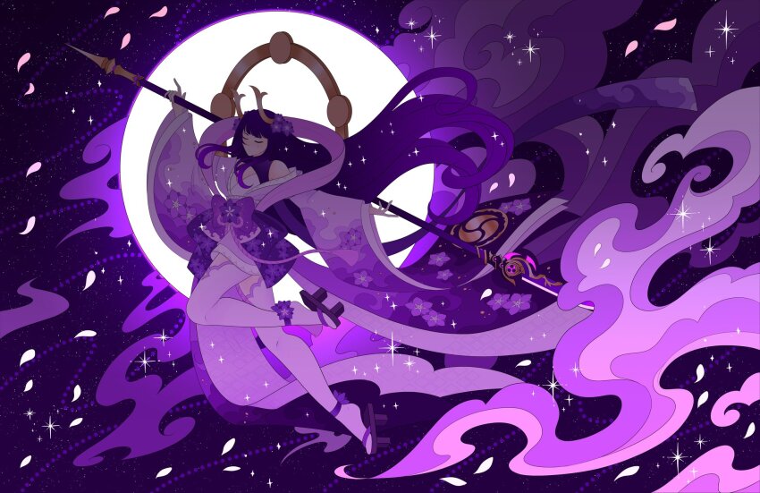 abstract_background, alternate_costume, arms_up, bare_shoulders, blunt_bangs, bow, cherry_blossoms, closed_eyes