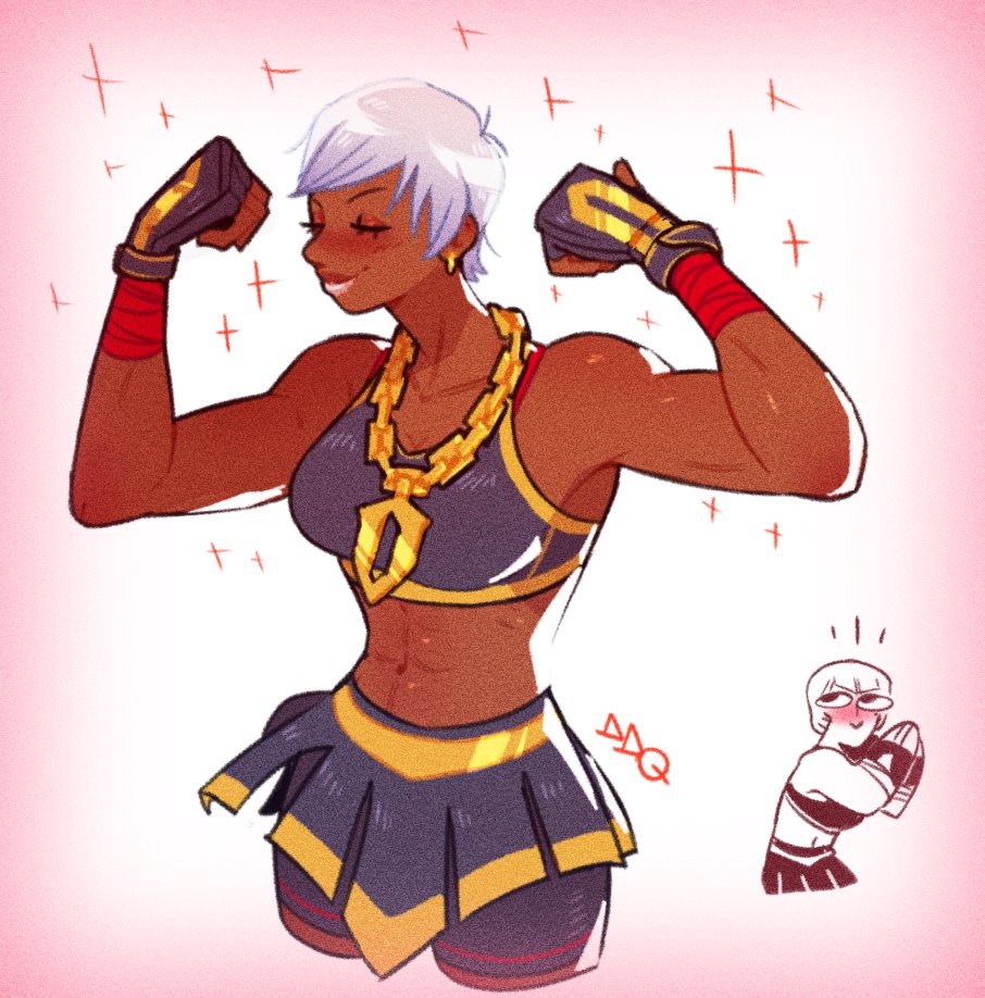 2girls, abs, alternate_costume, bike_shorts, bike_shorts_under_skirt, black_gloves, black_shorts, black_skirt, black_sports_bra, closed_eyes, cosplay, dark-skinned_female, dark_skin, demidevilqueen, elena_(street_fighter), fingerless_gloves, flexing, gloves, initial, marisa_(street_fighter), marisa_(street_fighter)_(cosplay), multiple_girls, navel, short_hair, shorts, skirt, solo_focus, sports_bra, street_fighter, street_fighter_6, white_hair