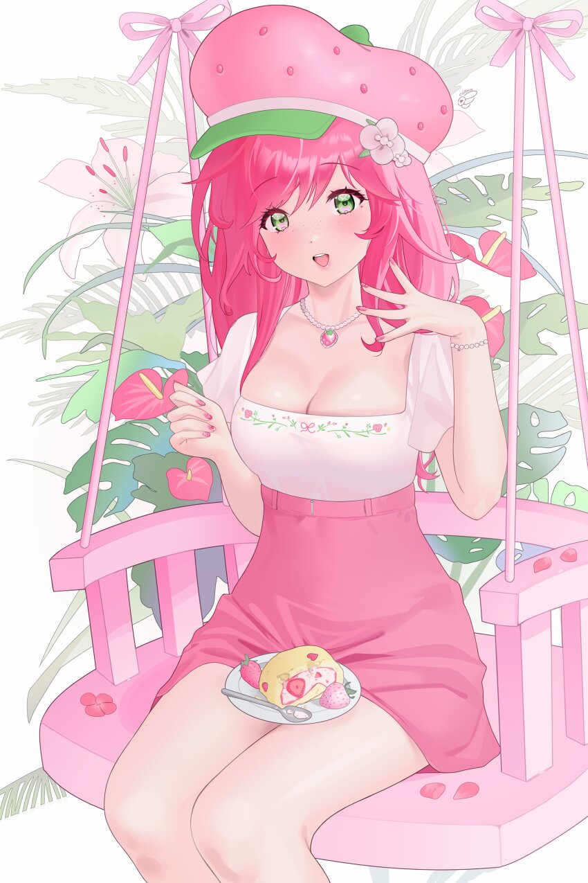 1girl, absurdres, blush, bracelet, breasts, cake, cleavage, commentary