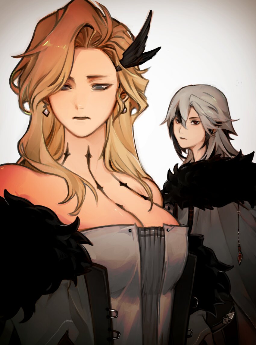 2girls, absurdres, arlecchino_(genshin_impact), bare_shoulders, black_eyes, black_hair, blonde_hair, blue_eyes