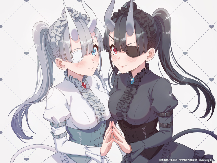 1boy, 1girl, 2.5_jigen_no_ririsa, 2.5_jigen_no_ririsa_tenshitachi_no_stage, arm_belt, asymmetrical_docking, black_corset, black_hair