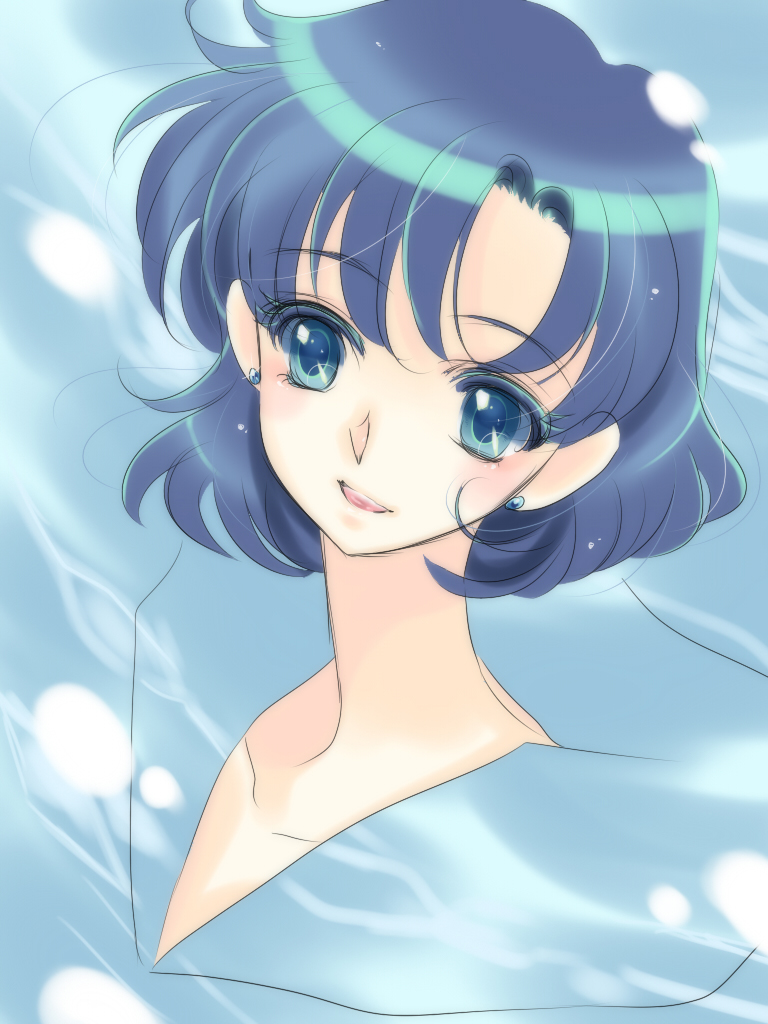 1990s_(style), 1girl, bishoujo_senshi_sailor_moon, blue_eyes, blue_hair, blue_sailor_collar, blue_theme, bob_cut, earrings, easty, female_focus, jewelry, matching_hair/eyes, mizuno_ami, portrait, retro_artstyle, sailor_collar, short_hair, sketch, solo