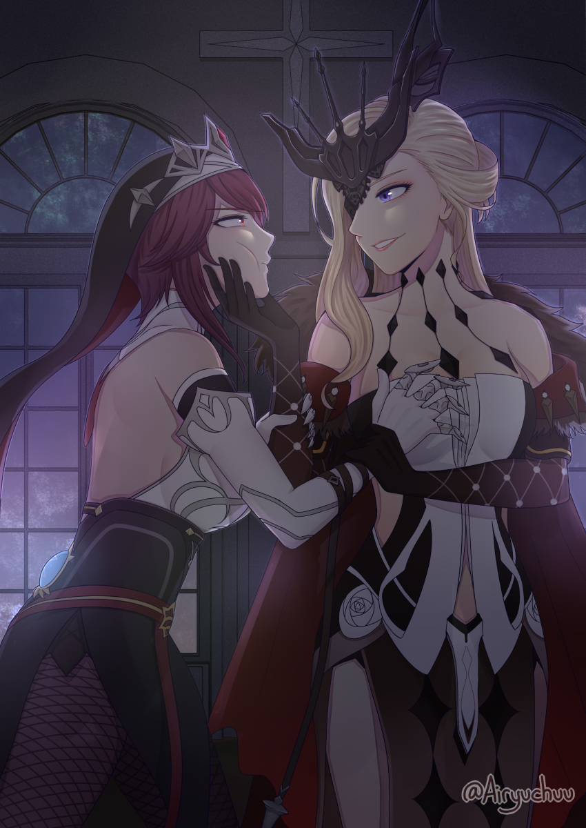 2girls, absurdres, artist_name, bare_shoulders, black_gloves, black_mask, blonde_hair, blue_eyes