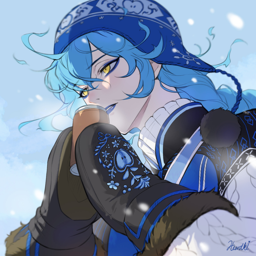 1boy, artist_name, black_mittens, blue_eyeshadow, blue_hair, blue_hat, blue_lips, braid