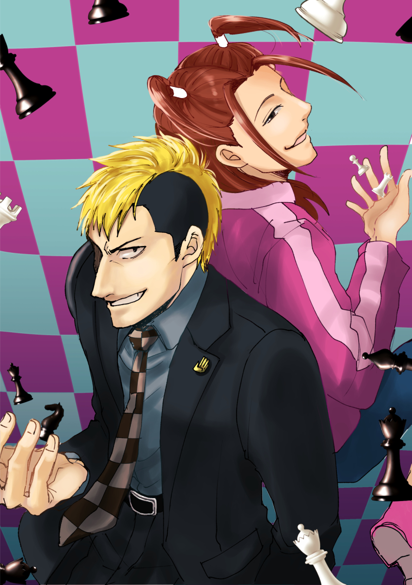 2boys, ace_attorney, ace_attorney_investigations, ace_attorney_investigations_2:_prosecutor's_gambit, aqua_background, bishop_(chess), black_jacket, black_necktie