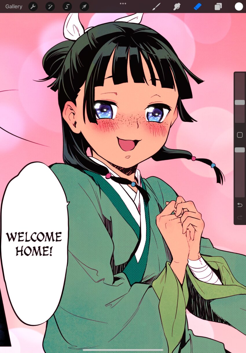 1girl, bandaged_arm, bandages, blue_eyes, blush, bow, chinese_clothes, colorized, drapsmann_2604, english_text, freckles, green_hair, highres, kusuriya_no_hitorigoto, looking_at_viewer, maomao_(kusuriya_no_hitorigoto), nekokurage_(gen'eikai_tsuushin), open_mouth, own_hands_together, pink_background, simple_background, smile, speech_bubble, white_bow