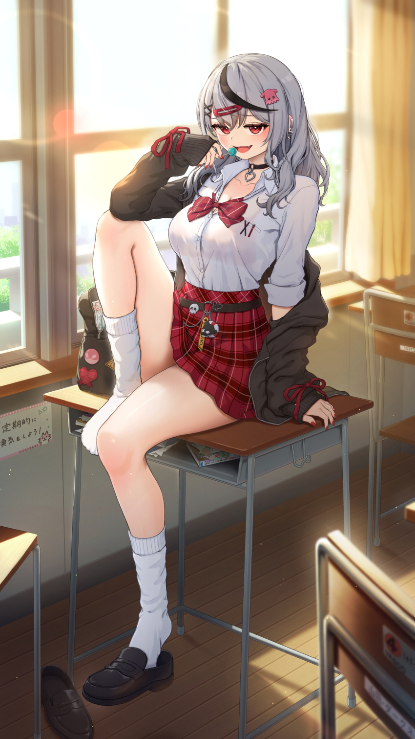 1girl, absurdres, badge, bag, belt, black_cardigan, black_choker, bow, bowsan, bowtie, breast_ribbon, breasts, candy, cardigan, chain, choker, classroom, cleavage, collarbone, collared_shirt, cowboy_shot, crossed_bangs, desk, ear_piercing, food, full_body, grey_hair, hair_ornament, hair_over_shoulder, hairclip, heart_pendant, high-waist_skirt, highres, holding, holding_candy, holding_food, holding_lollipop, hololive, jacket, jacket_bow, jacket_ribbon, large_breasts, leg_up, loafers, lollipop, long_hair, long_sleeves, miniskirt, nail_polish, o-ring, o-ring_belt, o-ring_choker, octopus_hair_ornament, official_alternate_costume, on_desk, open_clothes, open_jacket, pendant_choker, piercing, pin, plaid_clothes, plaid_skirt, pleated_skirt, red_bow, red_bowtie, red_eyes, red_skirt, sakamata_chloe, sakamata_chloe_(gyarumata), school, school_bag, school_desk, school_uniform, shirt, shirt_tucked_in, shoes, simple_background, sitting, skirt, socks, solo, tongue, tongue_out, virtual_youtuber, wavy_hair, white_shirt, white_socks, x_hair_ornament