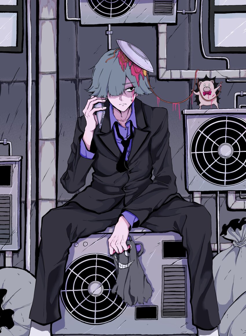 1boy, arm_on_thigh, black_eyes, black_necktie, black_suit, bow, bowtie, cellphone