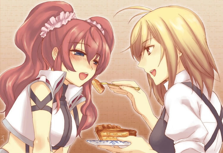 2girls, angelise_ikaruga_misurugi, antenna_hair, apple_pie, apron, black_apron, black_trim, blonde_hair, blue_eyes, blue_hair, blush, brown_background, brown_eyes, coat, collared_coat, collared_shirt, commentary_request, cross_ange, eyebrows_hidden_by_hair, food, fork, gradient_background, hair_ornament, hair_scrunchie, hairband, hilda_(cross_ange), holding, holding_fork, holding_plate, long_hair, medium_hair, multiple_girls, open_clothes, open_coat, open_mouth, outline, pie, plate, puffy_short_sleeves, puffy_sleeves, raised_eyebrows, red_hair, scrunchie, shiranami_(kominato), shirt, short_sleeves, sidelocks, signature, sleeveless, teeth, tongue, turtleneck, turtleneck_shirt, twintails, upper_teeth_only, white_coat, white_outline, white_shirt, yuri