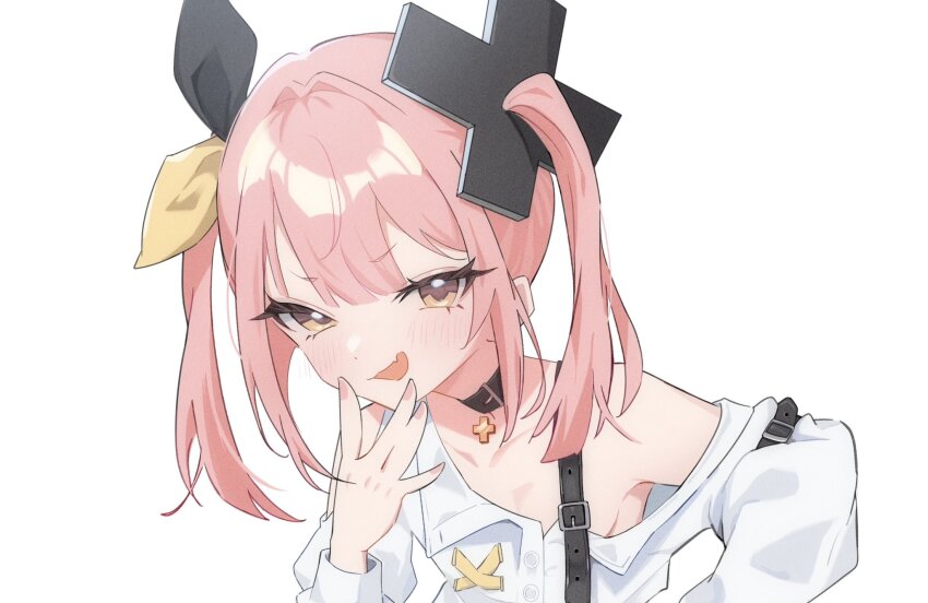 1girl, belt_collar, black_collar, breasts, collar, fang, foxypizzaaa, hair_ornament