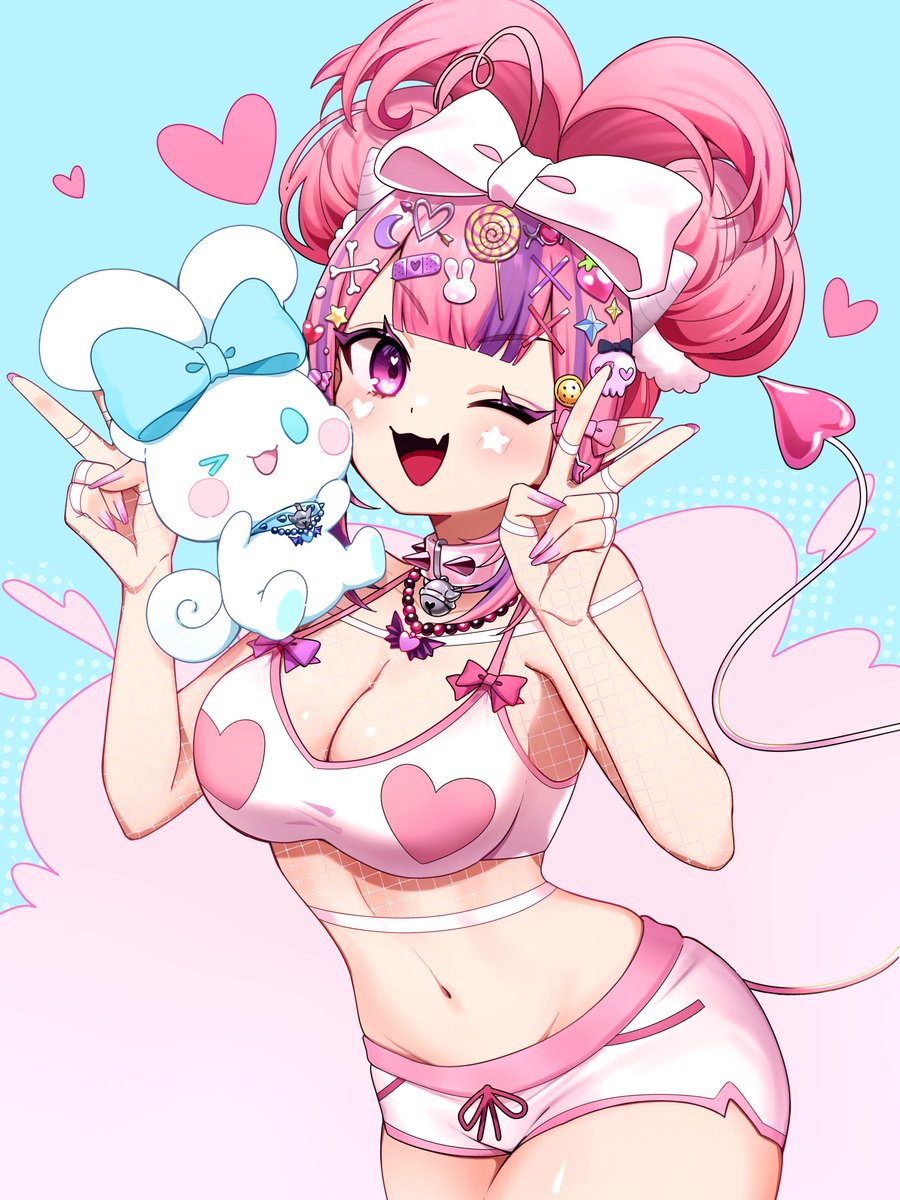 1girl, bandaid, bandaid_hair_ornament, bell, bone_hair_ornament, bow, breasts, button_hair_ornament