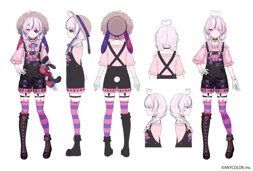 1girl, ahoge, asymmetrical_footwear, black_choker, bow, braid, choker, commentary, english_commentary, eyepatch, glove_bow, gloves, hat, heart, heart_ahoge, horizontal-striped_thighhighs, lq_saku, maria_marionette, maria_marionette_(farmer), multicolored_hair, nijisanji, nijisanji_en, off-shoulder_shirt, off_shoulder, official_alternate_costume, official_alternate_hairstyle, official_art, one_eye_covered, overall_shorts, overalls, pink_bow, pink_shirt, second-party_source, shirt, sir_ventrilo_(maria_marionette), straw_hat, streaked_hair, striped_clothes, striped_thighhighs, stuffed_toy, thighhighs, twin_braids, virtual_youtuber