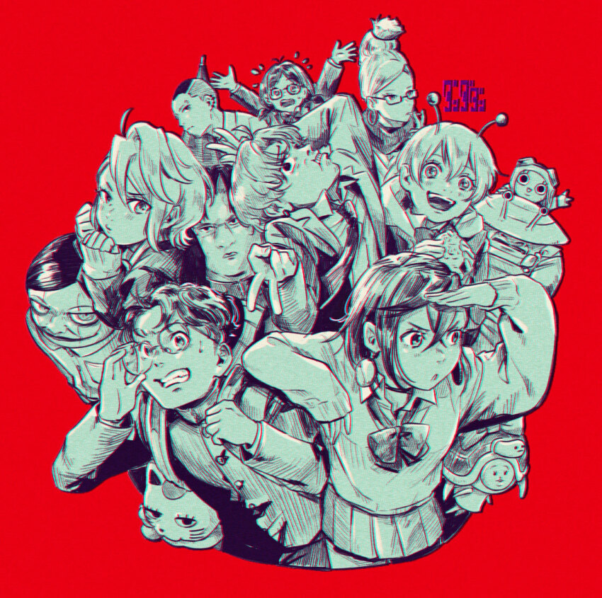 5girls, 6+boys, adjusting_eyewear, alien, arms_up, ayase_momo, ayase_seiko, backpack