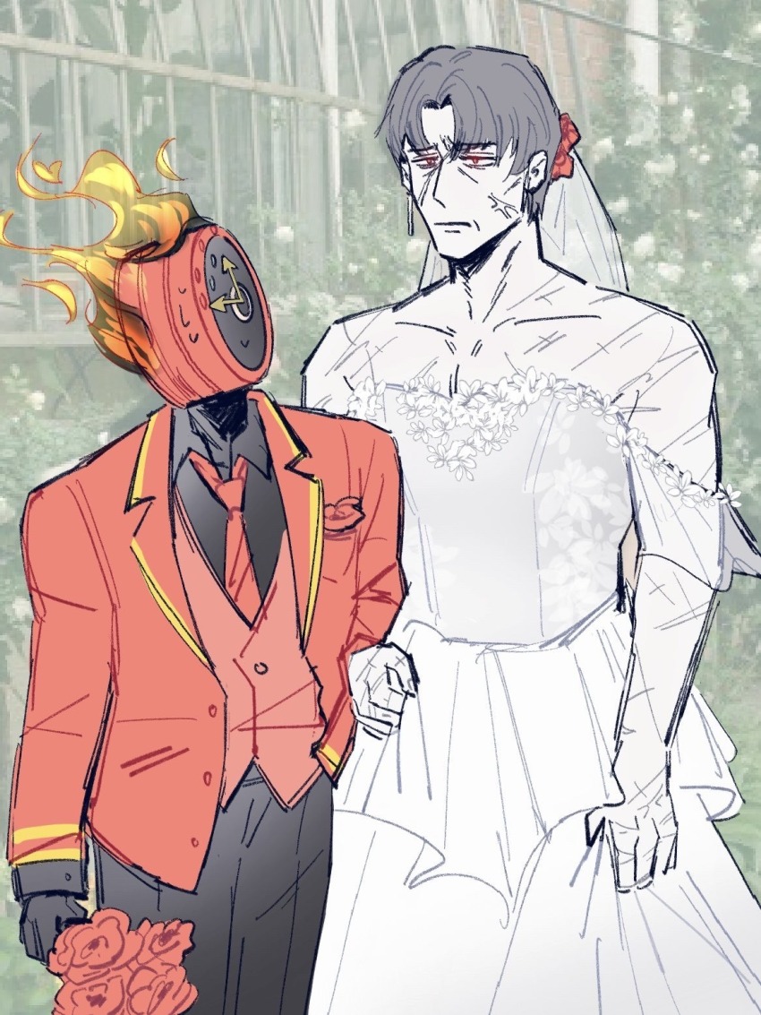 1boy, 1other, anger_vein, black_gloves, black_pants, blazer, bouquet, buttons, clock, colored_skin, cowboy_shot, crossdressing, dante_(limbus_company), dress, fivveweeks, flaming_head, flower, gloves, glowing, glowing_eyes, grey_hair, highres, husband_and_spouse, jacket, lapels, limbus_company, long_dress, male_bride, necktie, nervous_sweating, object_head, open_clothes, open_jacket, other_with_male, pants, pectoral_cleavage, pectorals, photo_background, project_moon, red_eyes, red_jacket, red_necktie, red_vest, scar, short_hair, suit_jacket, sweat, veil, vergilius_(project_moon), vest, wedding, wedding_dress, white_dress, white_skin