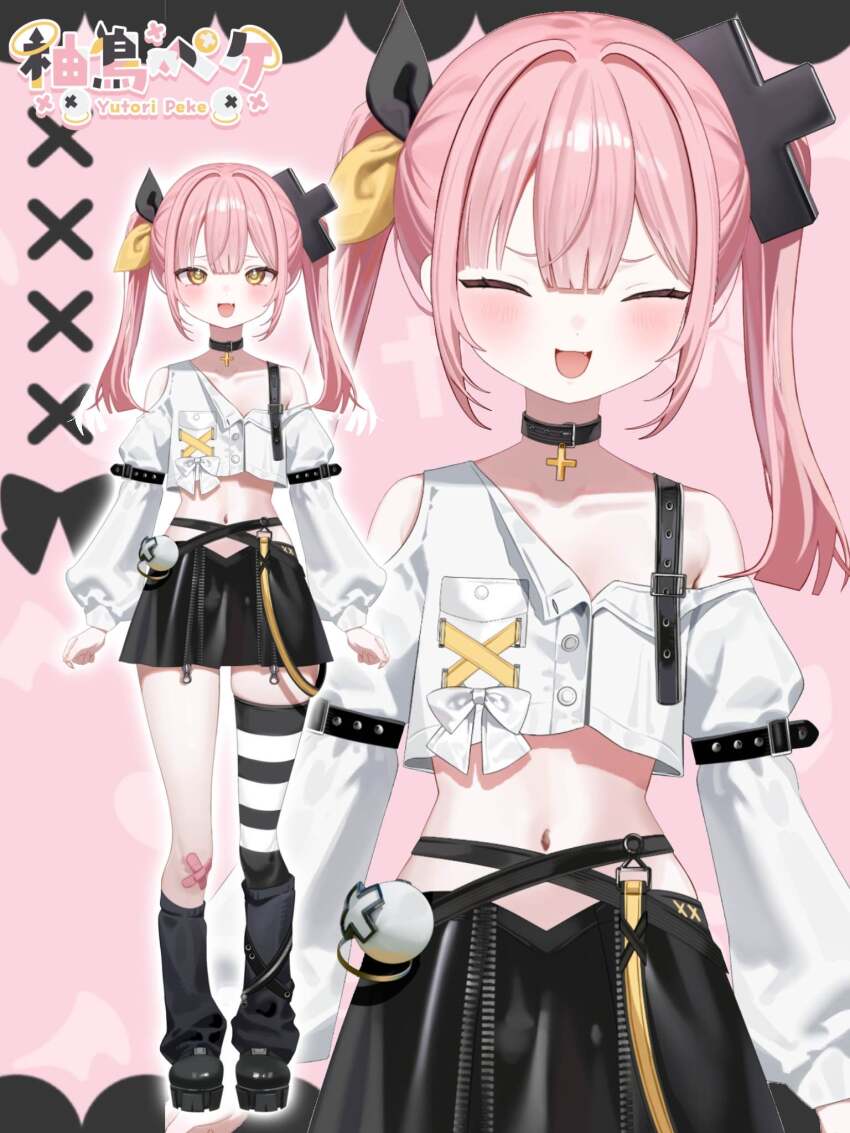 1girl, arm_strap, black_choker, black_footwear, black_leg_warmers, black_skirt, blunt_bangs, bow