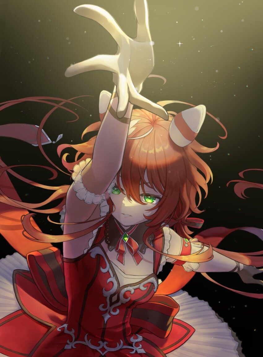 1girl, animal_ears, arm_up, black_background, black_gloves, breasts, dress, ear_covers, feather_hair_ornament, feathers, from_above, gloves, green_eyes, hair_between_eyes, hair_ornament, highres, horse_ears, horse_girl, long_hair, looking_ahead, low_twintails, red_dress, red_hair, simple_background, small_breasts, solo, susushu16, twintails, umamusume, win_variation_(umamusume)