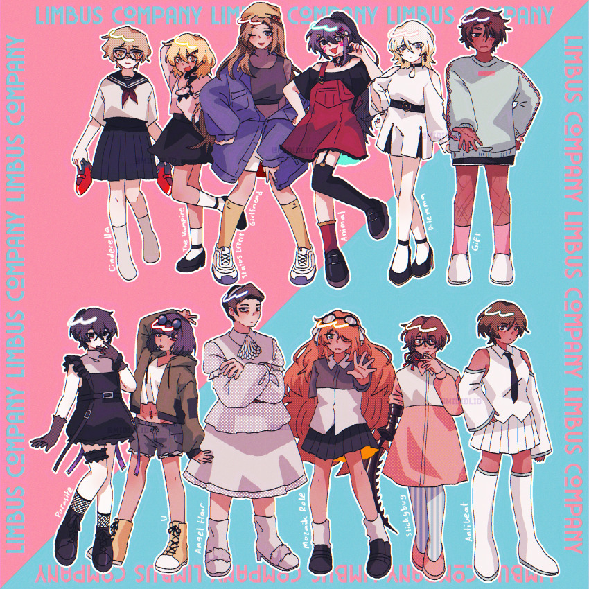 6+boys, 6+girls, absurdres, animal_(vocaloid), anti_beat_(vocaloid), arthropod_limbs, ascot, black_hair, black_shirt, blonde_hair, bob_cut, brown_hair, choker, cinderella_(vocaloid), cosplay, crop_top, crossdressing, crying, dilemma_(vocaloid), don_quixote_(project_moon), dress, earrings, faust_(project_moon), fishnet_socks, fishnets, frilled_dress, frills, garter_straps, gift_(vocaloid), glasses, goggles, goggles_on_head, green_hoodie, gregor_(project_moon), grey_sweater, hair_ribbon, hatsune_miku, hatsune_miku_(cosplay), heathcliff_(project_moon), heterochromia, highendsheep, highres, holding, holding_shoes, holding_unworn_clothes, hong_lu_(project_moon), hood, hoodie, ishmael_(project_moon), jewelry, jirai_kei, joutai_ijou_kanojo_(vocaloid), kesaran_pasaran_(vocaloid), limbus_company, long_hair, mannequin_(vocaloid), meursault_(project_moon), miniskirt, mismatched_socks, mozaik_role_(vocaloid), multiple_boys, multiple_girls, navel, off-shoulder_shirt, off_shoulder, ojama_mushi_(vocaloid), open_clothes, open_hoodie, orange_hair, outis_(project_moon), overall_skirt, parasite_(vocaloid), pink_shirt, pink_socks, pleated_skirt, polo_shirt, ponytail, project_moon, red_dress, ribbon, rodion_(project_moon), ryoshu_(project_moon), school_uniform, serafuku, shirt, shoes, short_hair, sinclair_(project_moon), single_thighhigh, skirt, smoking, sneakers, socks, strappy_heels, sweater, tears, thighhighs, u_(vocaloid), unworn_shoes, vampire_(vocaloid), white_ascot, white_footwear, white_socks, yellow_socks, yi_sang_(project_moon)