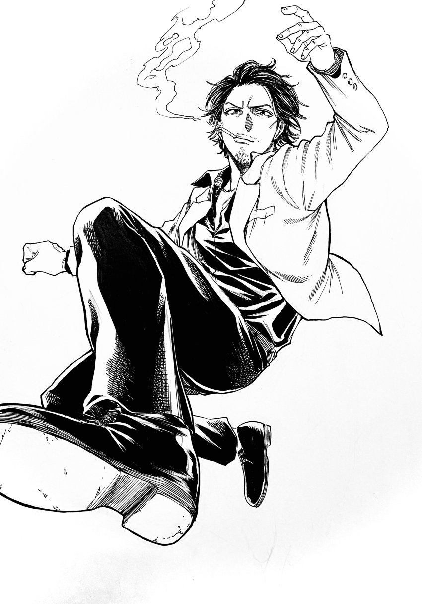 1boy, absurdres, akiyama_shun, beard_stubble, black_footwear, black_pants, black_shirt, cigarette, clenched_hand, facial_hair, ff2rose, greyscale, hair_flowing_over, highres, jacket, jewelry, jumping, kicking, looking_at_viewer, monochrome, mustache_stubble, necklace, open_clothes, open_jacket, pants, ryuu_ga_gotoku_(series), shirt, short_hair, smoke, smoking, stubble, white_background