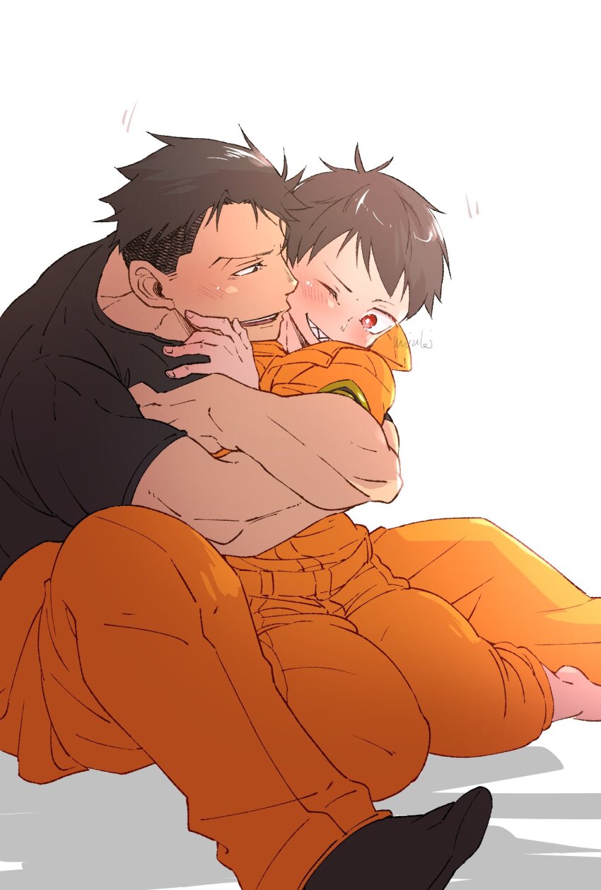 2boys, age_difference, akitaru_oubi, barefoot, black_eyes, black_hair, black_shirt, black_socks, blush, clothes_around_waist, commentary_request, en'en_no_shouboutai, highres, hug, jacket, jacket_around_waist, jumpsuit, male_focus, multiple_boys, mzkenen, one_eye_closed, onii-shota, orange_jumpsuit, orange_pants, pants, red_eyes, sharp_teeth, shinra_kusakabe, shirt, short_hair, short_sleeves, signature, socks, teeth, undercut, white_background, yaoi
