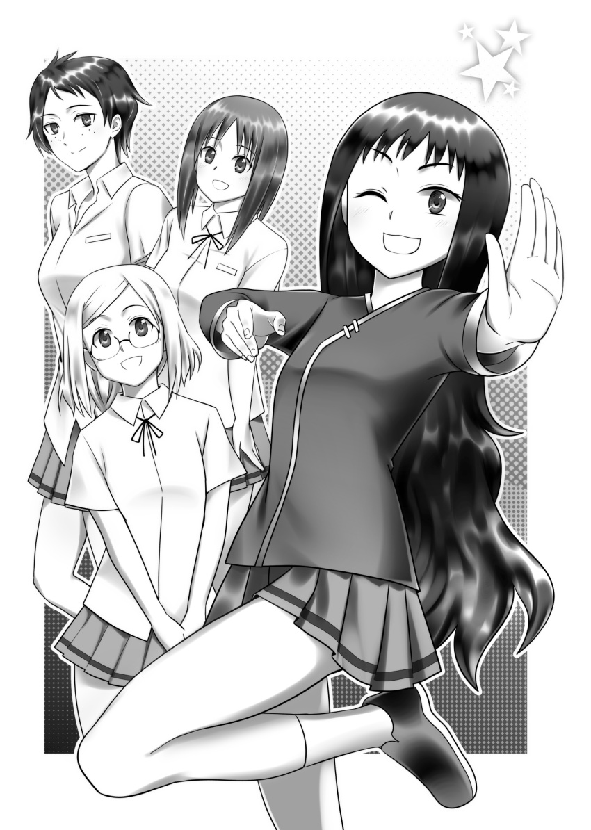 4girls, bellwall_school_uniform, chinese_clothes, collared_shirt, commentary_request, girls_und_panzer, girls_und_panzer_little_army, greyscale