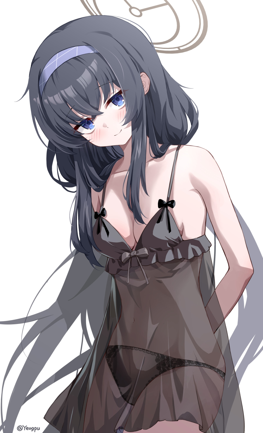 1girl, absurdres, arms_behind_back, artist_name, babydoll, black_babydoll, black_hair, black_pantyhose, blue_archive, blush, breasts, cleavage, closed_mouth, commentary_request, crossed_bangs, hair_between_eyes, hairband, halo, highres, long_hair, looking_at_viewer, low_twintails, medium_breasts, pantyhose, purple_hairband, see-through_clothes, simple_background, smile, solo, twintails, ui_(blue_archive), very_long_hair, white_background, yeogpu_(seung832222)