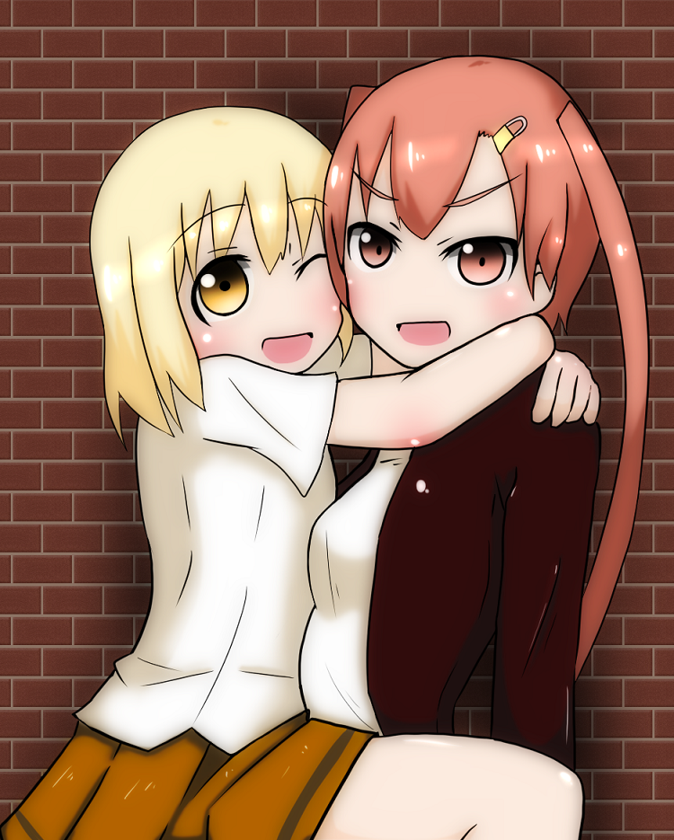 2girls, bellwall_school_uniform, black_jacket, blonde_hair, brick_wall, brown_skirt, girls_und_panzer, girls_und_panzer_little_army