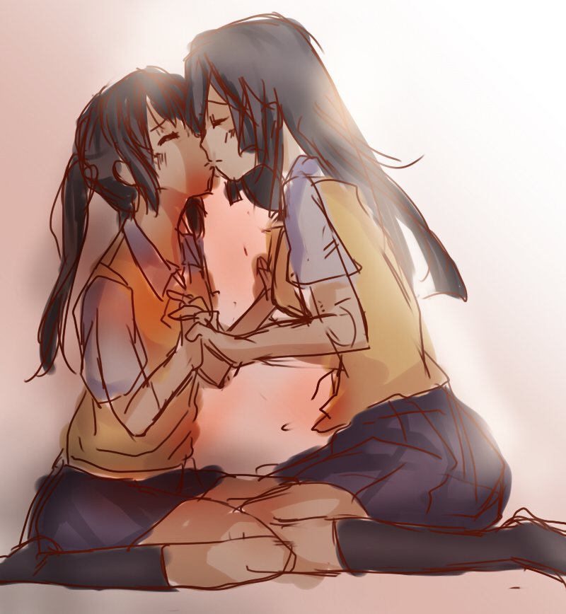 2girls, akiyama_mio, black_hair, chikuwa_coffee_(milk_soda), closed_eyes, k-on!, kiss, long_hair, multiple_girls, nakano_azusa, socks, tikuwa_(coffee), twintails, uniform, yuri