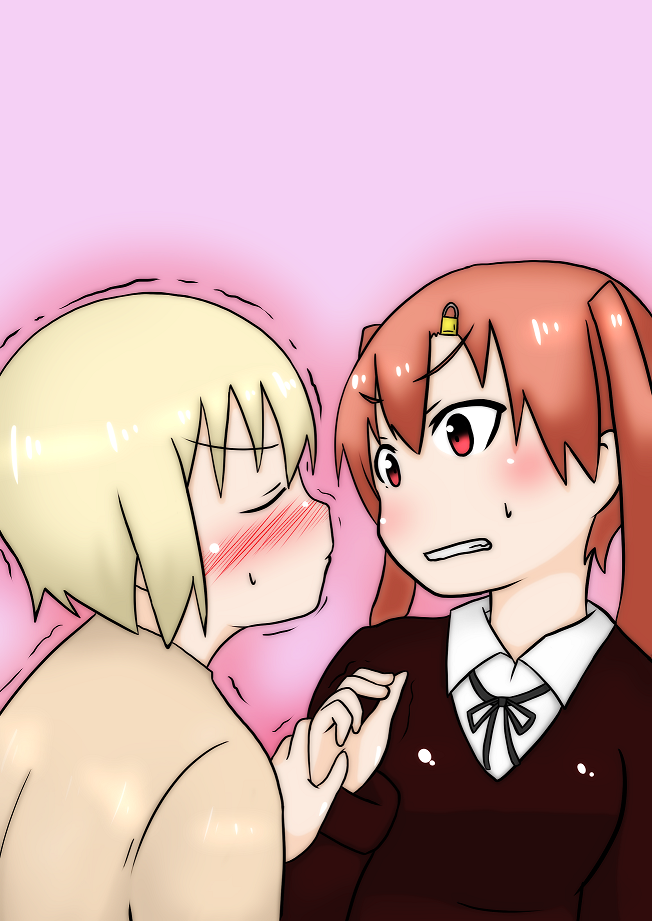 2girls, blush, closed_eyes, girls_und_panzer, girls_und_panzer_little_army, imminent_kiss, long_hair, mu_tan_(w)