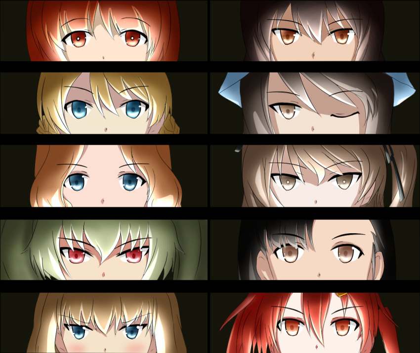 anchovy_(girls_und_panzer), blonde_hair, blue_eyes, blush, brown_eyes, brown_hair, close-up, darjeeling_(girls_und_panzer)