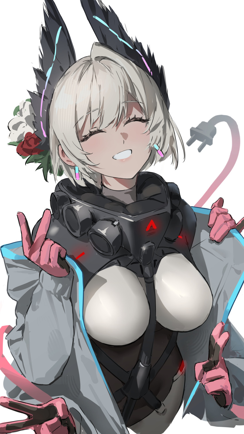 1girl, absurdres, animal_ears, arknights, bird_ears, bird_girl, black_feathers, black_gloves, breasts, closed_eyes, commentary_request, cosplay, electric_plug, electric_plug_tail, extra_arms, feather_hair, feathers, gloves, grey_jacket, highres, impossible_clothes, jacket, large_breasts, looking_at_viewer, metal_gear_(series), metal_gear_rising:_revengeance, mistral_(metal_gear_rising), mistral_(metal_gear_rising)_(cosplay), open_clothes, open_jacket, pink_gloves, raidian_(arknights), short_hair, shortofsugar, simple_background, single_hair_intake, smile, solo, tail, triple_v, two-tone_gloves, white_background