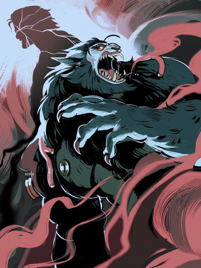 2boys, animal_ears, arcane:_league_of_legends, artist_name, bleydhdu, fangs, furry, furry_male, highres, league_of_legends, male_focus, multiple_boys, muscular, muscular_male, open_mouth, red_eyes, smoke, teeth, vander_(arcane), warwick, watermark, werewolf, wolf_ears