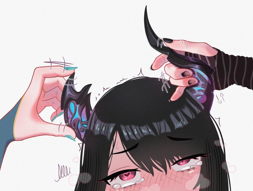 3girls, absurdres, arm_warmers, asymmetrical_horns, black_hair, black_nails, blue_hair, blush, ceres_fauna, ceres_fauna_(1st_costume), fingernails, ginotty, green_nails, half-closed_eye, heart, heart-shaped_pupils, highres, hololive, hololive_english, horns, long_fingernails, motion_lines, multiple_girls, nerissa_ravencroft, rubbing, shiori_novella, shiori_novella_(1st_costume), simple_background, striped_arm_warmers, symbol-shaped_pupils, uncommon_stimulation, uneven_horns, virtual_youtuber, white_background, yuri