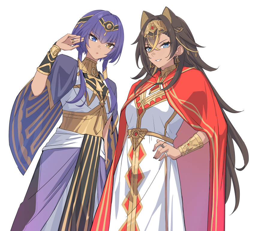 2girls, absurdres, alternate_costume, amazigh_clothes, ancient_egyptian, ancient_egyptian_clothes, asiri_senpai, blonde_hair, blue_eyes, blue_hair, bracelet, brown_hair, candace_(genshin_impact), commission, commissioner_upload, cowboy_shot, crossed_bangs, dark_skin, dehya_(genshin_impact), earrings, eye_of_horus, fingernails, genshin_impact, hair_between_eyes, hand_on_own_hip, heterochromia, highres, jewelry, lion_girl, long_hair, looking_at_viewer, multiple_girls, non-web_source, parted_lips, ring, short_hair_with_long_locks, sidelocks, simple_background, smile, standing, usekh_collar, variant_set, white_background, yellow_eyes