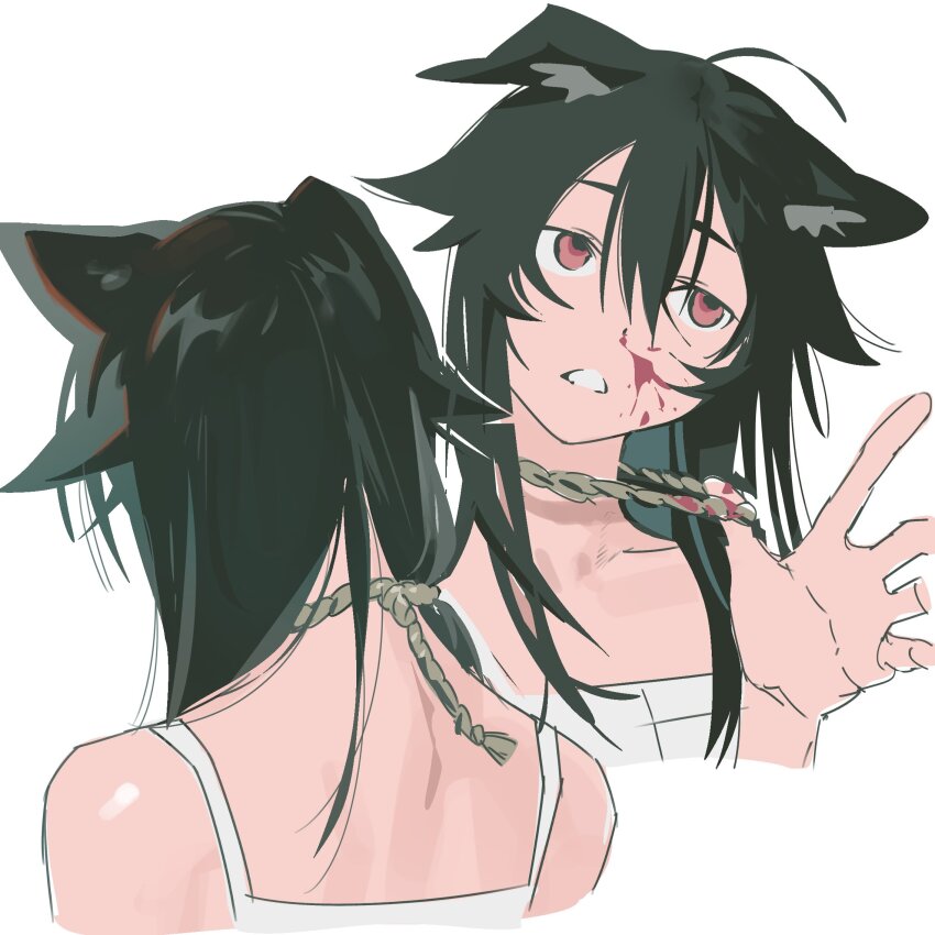 1girl, ahoge, animal_ears, bare_shoulders, black_hair, blood, blood_on_face, dog_ears
