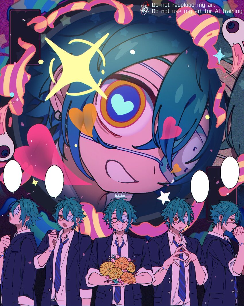 1boy, aqua_hair, black_jacket, black_star_-theater_starless-, collared_shirt, diagonal-striped_clothes, diagonal-striped_necktie, eyepatch, heart, heart-shaped_pupils, highres, jacket, lapels, long_sleeves, looking_at_viewer, male_focus, medical_eyepatch, monitoring_(vocaloid), multiple_views, necktie, notched_lapels, open_mouth, ringed_eyes, shirt, sinju_(black_star), smile, sorahoshi_ichino, sparkle, striped_clothes, symbol-shaped_pupils, white_shirt