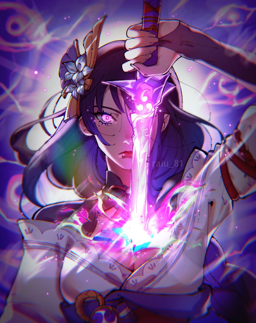 1girl, abstract_background, arm_up, artist_name, blunt_bangs, blurry, blurry_background, braid