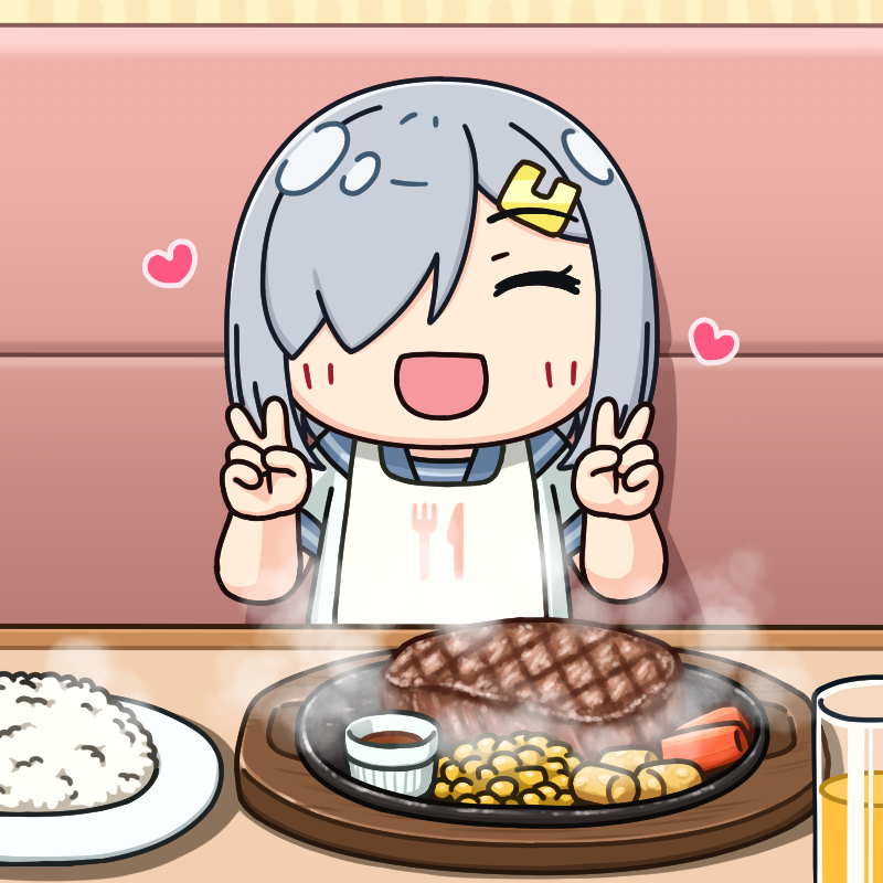 1girl, bib, chibi, closed_eyes, cup, double_v, drinking_glass, food