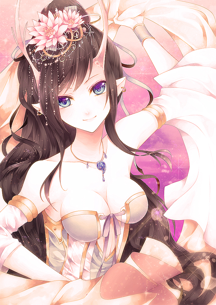 breasts, brown_hair, dress, earrings, flower, green_eyes, hair_flower, hair_ornament