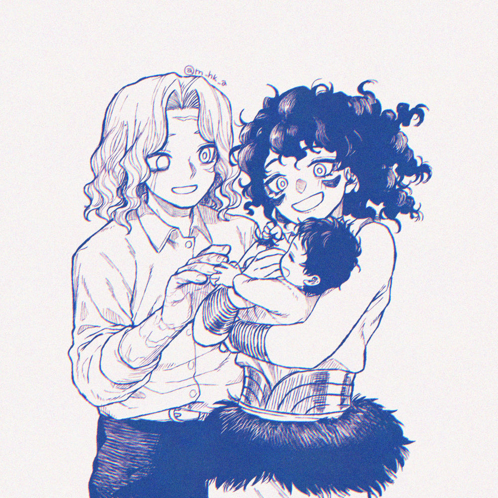 1boy, 2girls, baby, black_hair, bracelet, carrying_baby, carrying_person, centuria, collared_shirt, diana_(centuria), dress, facial_mark, family, hk_(nt), jewelry, julian_(centuria), monochrome, multiple_girls, scar, scar_across_eye, scar_on_face, shirt, sleeveless, sleeveless_dress, smile, titi_(centuria), twitter_username, white_hair