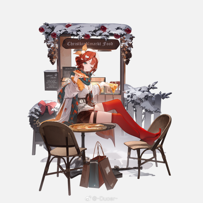 1girl, ;), beret, blue_eyes, bolt-action_shotgun, bow, brown_skirt, chair