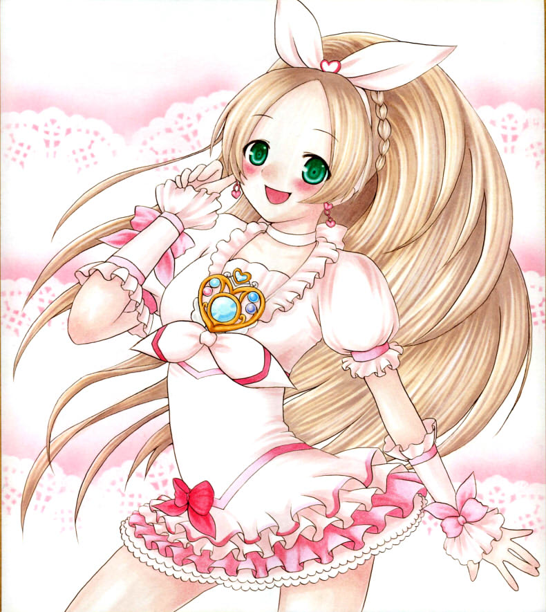 10s, 1girl, blonde_hair, blush, bow, braid, brooch, choker, cure_rhythm, earrings, female_focus, frills, gradient_background, green_eyes, hair_ribbon, hairband, heart, jewelry, lace, long_hair, magical_girl, minamino_kanade, precure, ribbon, salt713, skirt, smile, solo, suite_precure, white_background, white_choker, wrist_cuffs