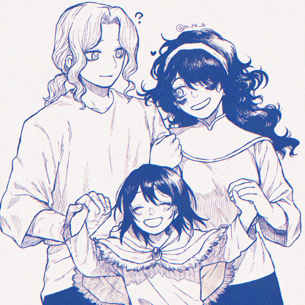 1boy, 2girls, ?, black_hair, blush, centuria, child, diana_(centuria), dress, family, grabbing_another's_arm, heart, hk_(nt), holding_hands, julian_(centuria), multiple_girls, ponytail, shirt, titi_(centuria), twitter_username, white_background, white_shirt