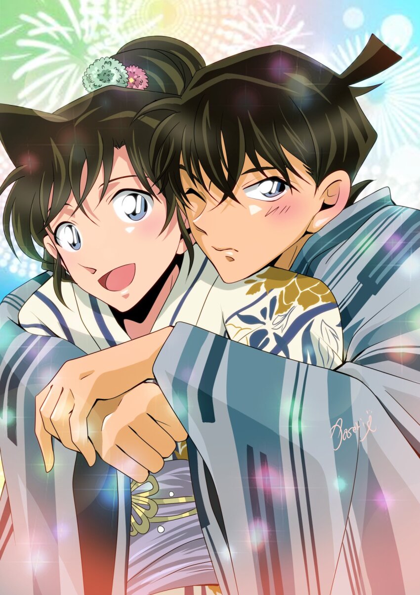 1boy, 1girl, artist_name, black_hair, blue_eyes, blue_kimono, blush, couple