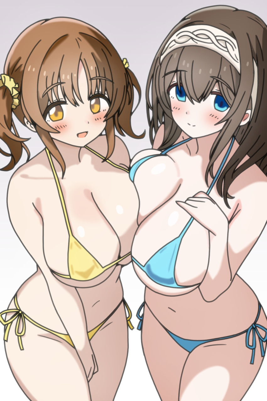 2girls, absurdres, asymmetrical_docking, bare_shoulders, bikini, black_hair, blue_bikini, blue_eyes, blush, breast_press, breasts, brown_eyes, brown_hair, cleavage, collarbone, commentary_request, hair_between_eyes, hair_ornament, hair_scrunchie, hairband, highres, hiragizaka_aoi, idolmaster, idolmaster_cinderella_girls, large_breasts, long_hair, looking_at_viewer, multiple_girls, navel, open_mouth, sagisawa_fumika, scrunchie, side-tie_bikini_bottom, smile, swimsuit, thighs, totoki_airi, twintails, yellow_bikini