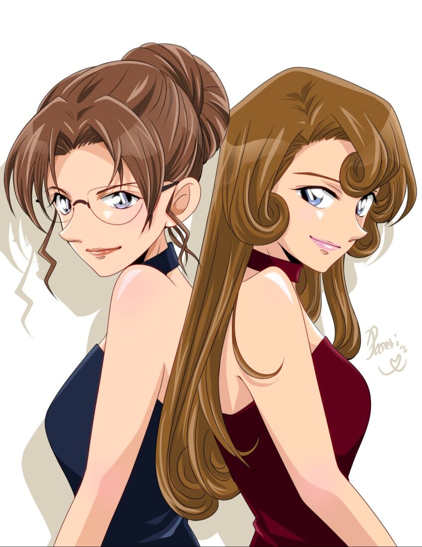 2girls, artist_name, blue_choker, blue_dress, blue_eyes, brown_hair, choker, commentary_request