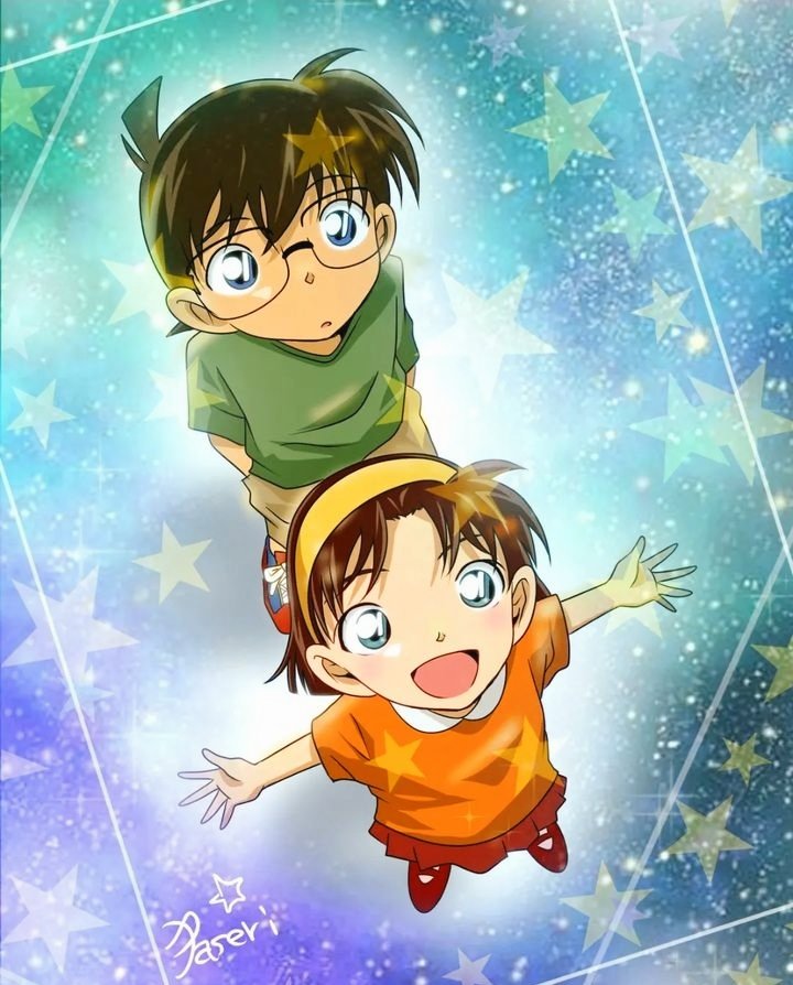 1boy, 1girl, artist_name, black_hair, blue_eyes, brown_hair, brown_shorts, child, commentary_request, edogawa_conan, glasses, green_shirt, hairband, looking_up, meitantei_conan, multicolored_footwear, open_mouth, orange_shirt, paseri_(l7dgtxtsnlmfwlb), red_footwear, red_skirt, shirt, shorts, skirt, sky, star_(sky), star_(symbol), starry_sky, yellow_hairband, yoshida_ayumi