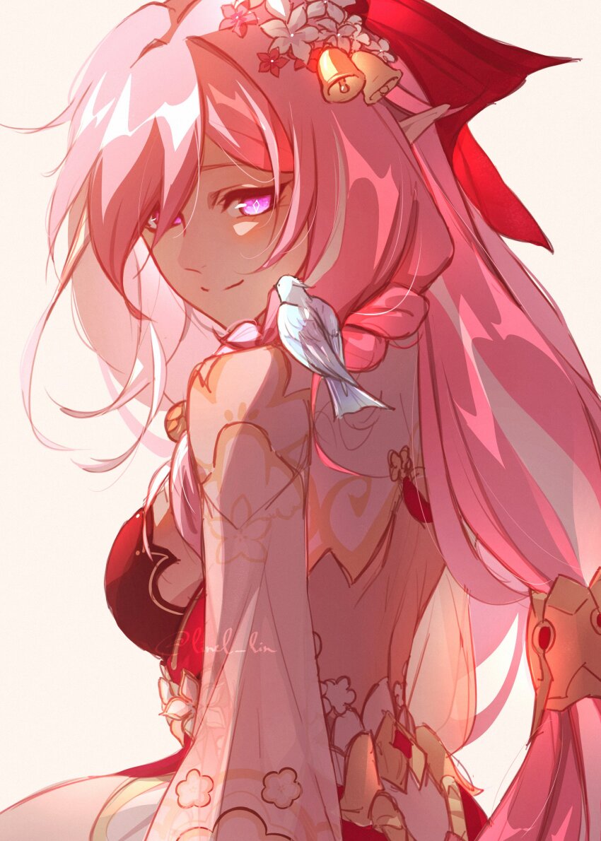 1girl, absurdres, animal, animal_on_shoulder, back_cutout, bell, bird, bird_on_shoulder