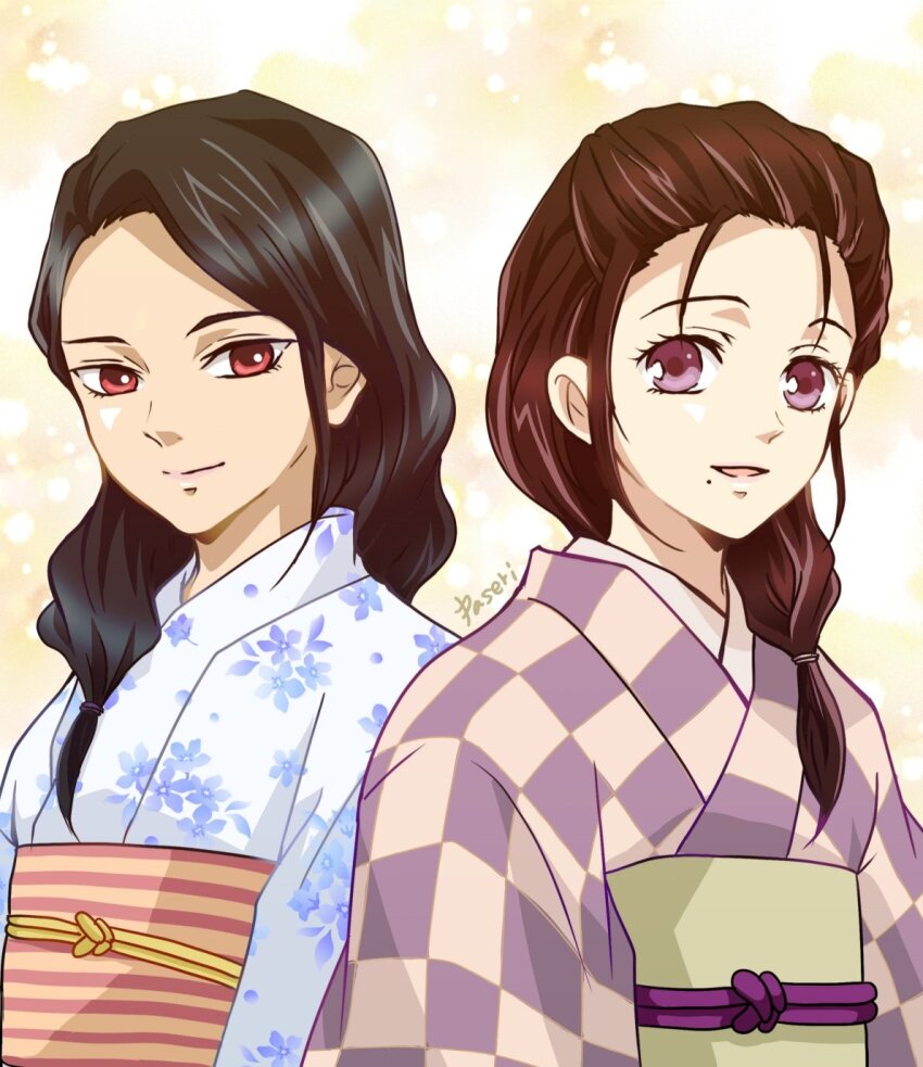 2girls, artist_name, black_hair, blue_kimono, brown_hair, checkered_clothes, checkered_kimono, floral_print, highres, japanese_clothes, kamado_kie, kimetsu_no_yaiba, kimono, long_hair, looking_at_viewer, mole, mole_under_mouth, multiple_girls, obi, obijime, open_mouth, paseri_(l7dgtxtsnlmfwlb), purple_eyes, red_eyes, rengoku_ruka, sash, upper_body