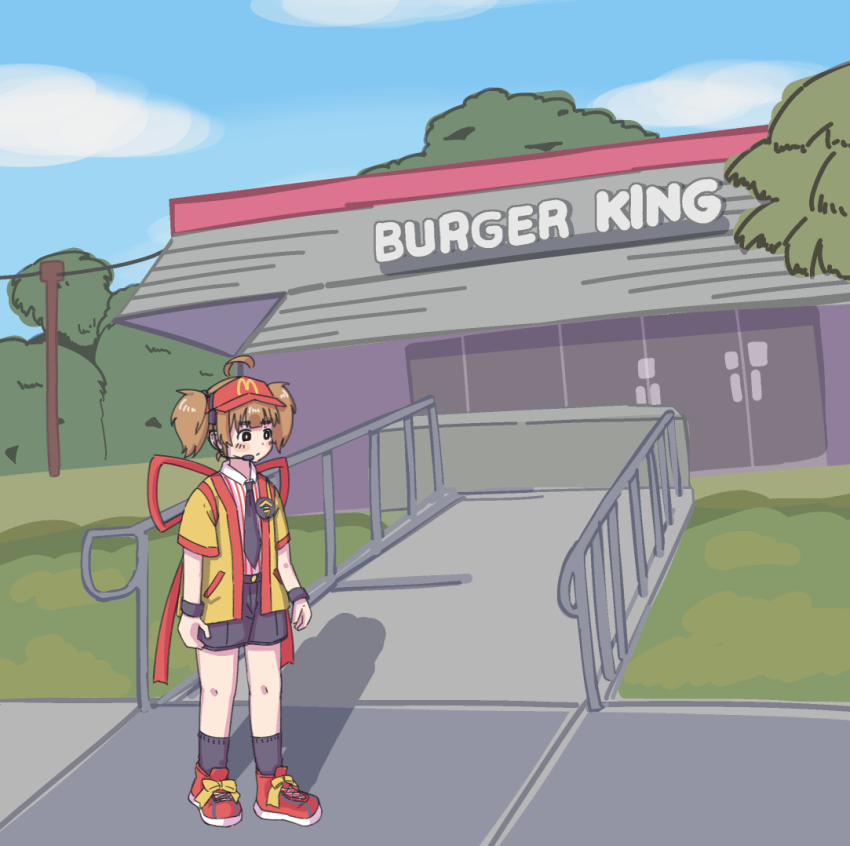 1girl, ahoge, badge, black_eyes, black_socks, blush_stickers, bow, bright_pupils