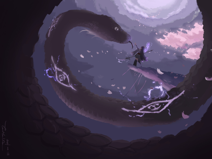 1girl, animal, arm_up, black_thighhighs, bridal_gauntlets, cloud, cloudy_sky, commentary_request